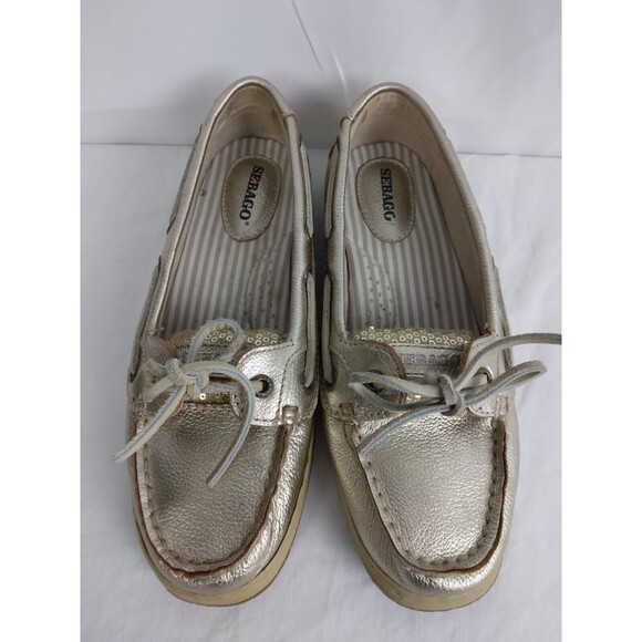 SEBAGO Gold METALLIC Leather Deck Boat Shoes Loafers Flat Womens Size 7.5 - Picture 4 of 11